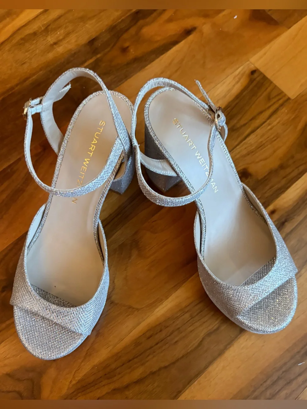 Stuart Weitzman Glittery Gold Dayna II Platform Sandals with Ankle Strap, NEW